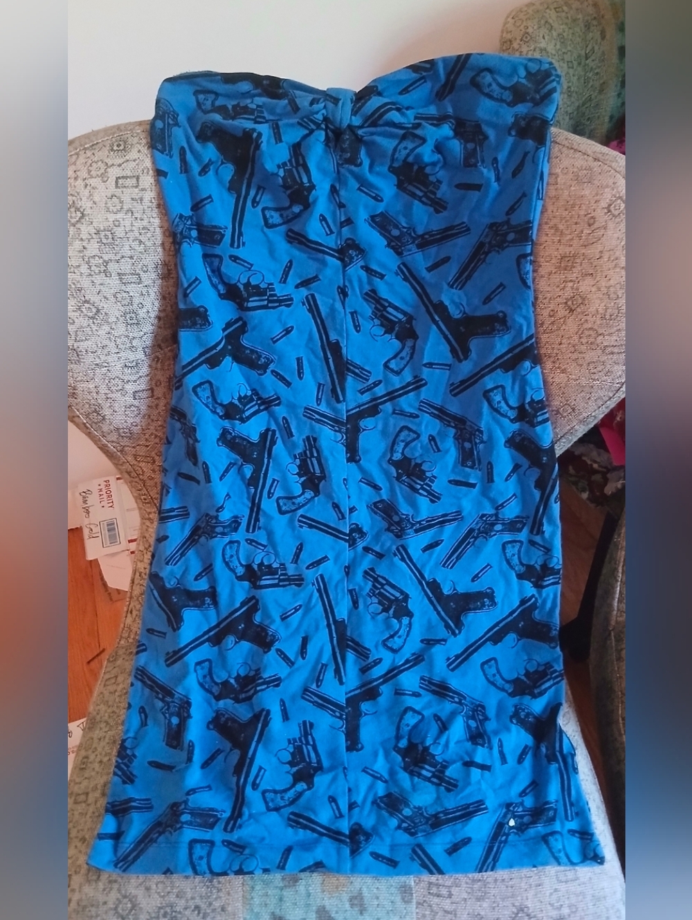 Betsey Johnson Blue Gun Print Strapless Mini Dress Size L 90s Punk